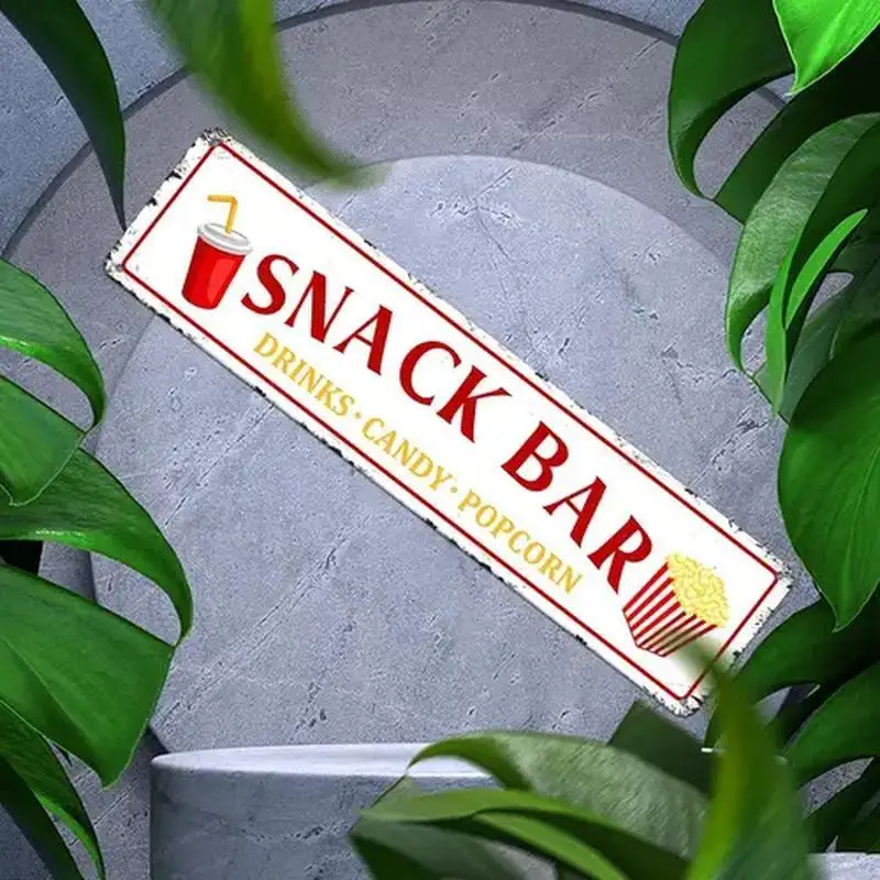 [2D PLANA] Letrero de metal de 1 pieza, letrero de metal retro para snack bar de 4 × 16 pulgadas - Bebidas, dulces, palomitas de maíz