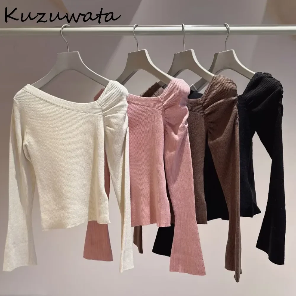 Kuzuwata Casual Skew Collar Puff Sleeve Slim Crop Top Knit Sweet All-match Ruched Undershirt Japan New Moda Literary Pullovers