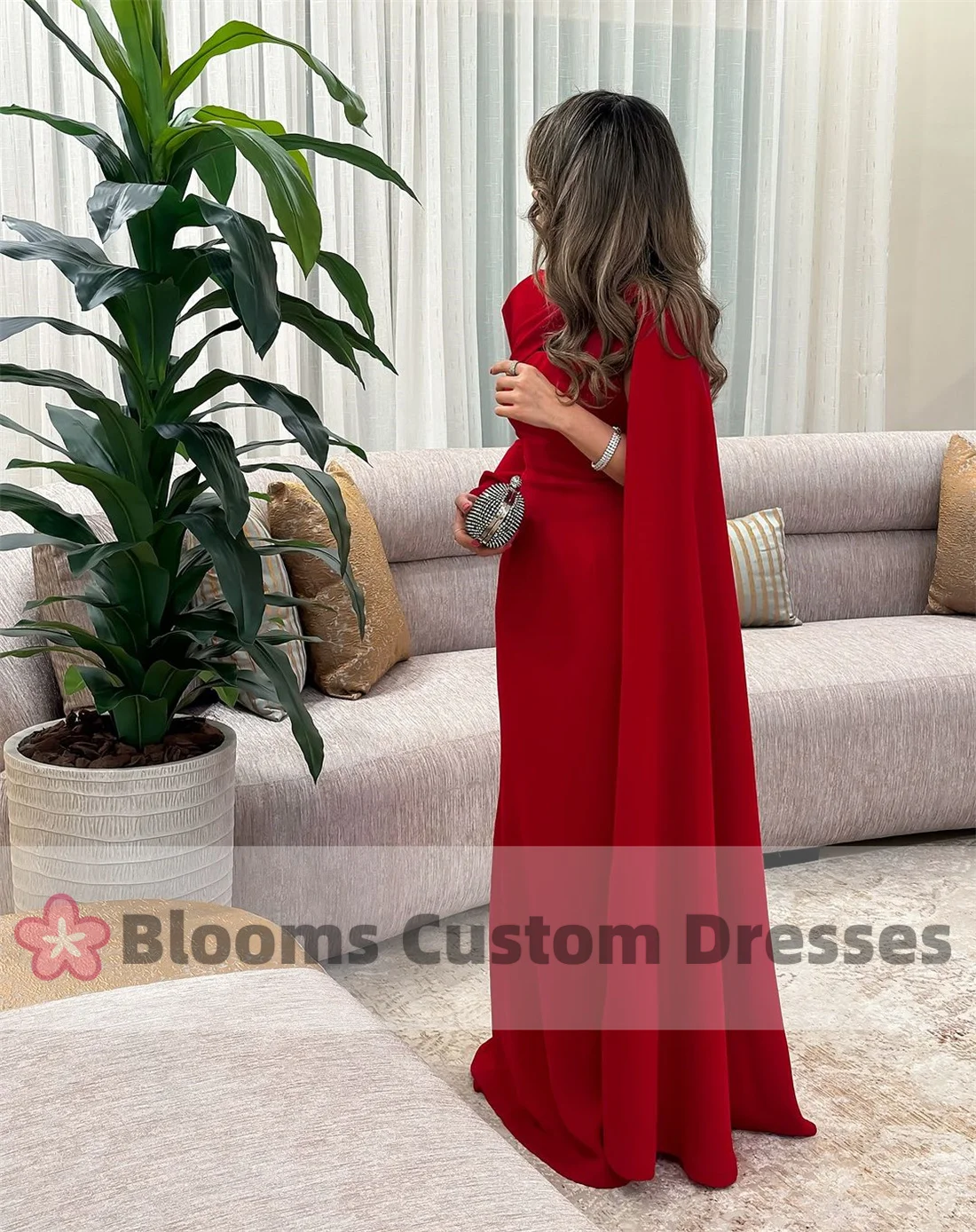 Blooms Red Cape Long Sleeve Saudi Elegant Women Prom Dresses For Special Occasion Floor-length Party Customized Evening Dress