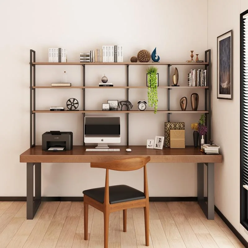 Solid wood desk bookshelf integrated double desktop computer desk student writing desk bedroom office table and chair