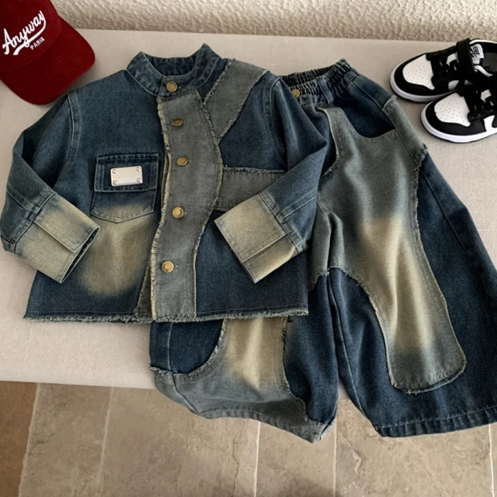 Boys Suit 2026 Spring And Summer New Childrens Wear Boys And Girls Heavy Industry Stitching Hair And Beard Denim Two-piece Set