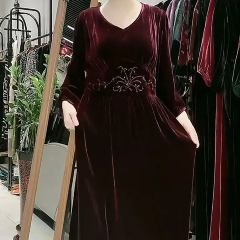 Vintage Stylish Beading Long Dress Autumn Winter Elegant V-Neck Female Clothing Casual 3/4 Sleeve A-Line Waist Velvet Dresses