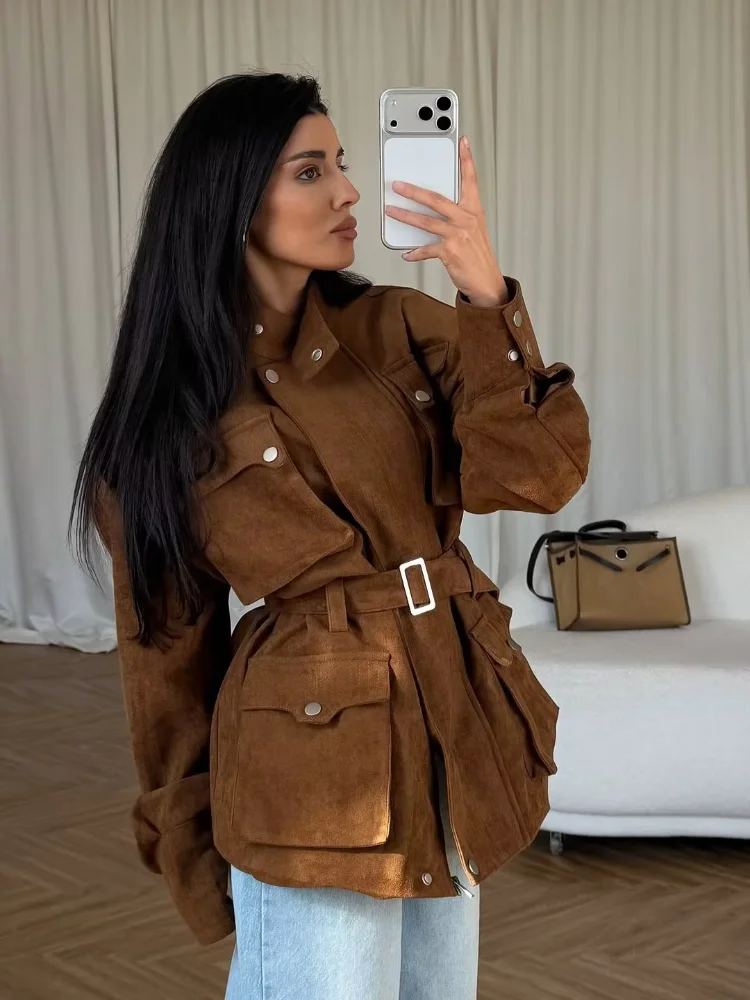 Lady Oatmeal Soft Suede Stand Collar Snap Button Pocket Jackets Chic Long Sleeve Coats Autumn Daily Office Party Chic Outfit