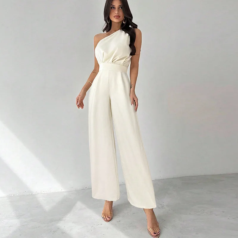 

Spring and Summer Women's Trendy Fashion Elegant Intellectual Pure Color Off-Shoulder Sleeveless Jumpsuit Straight Trousers