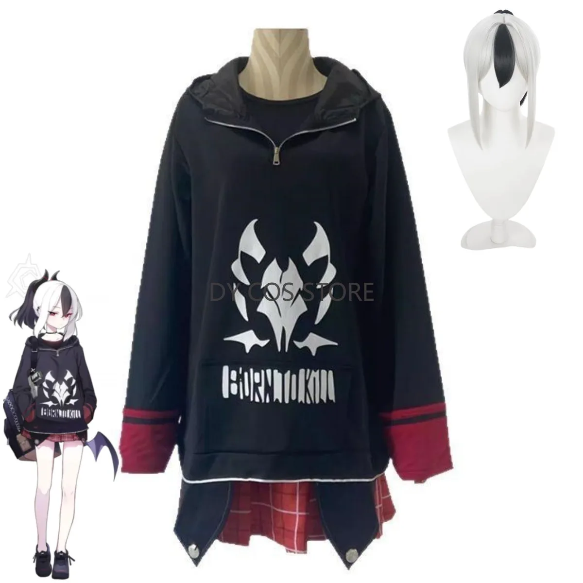 アニメブルーアーカイブアニメーション鬼方佳子コスプレ衣装黒フード付きパーカーグリッドスカートウィッグ女性セクシーなデイリーレジャーセット