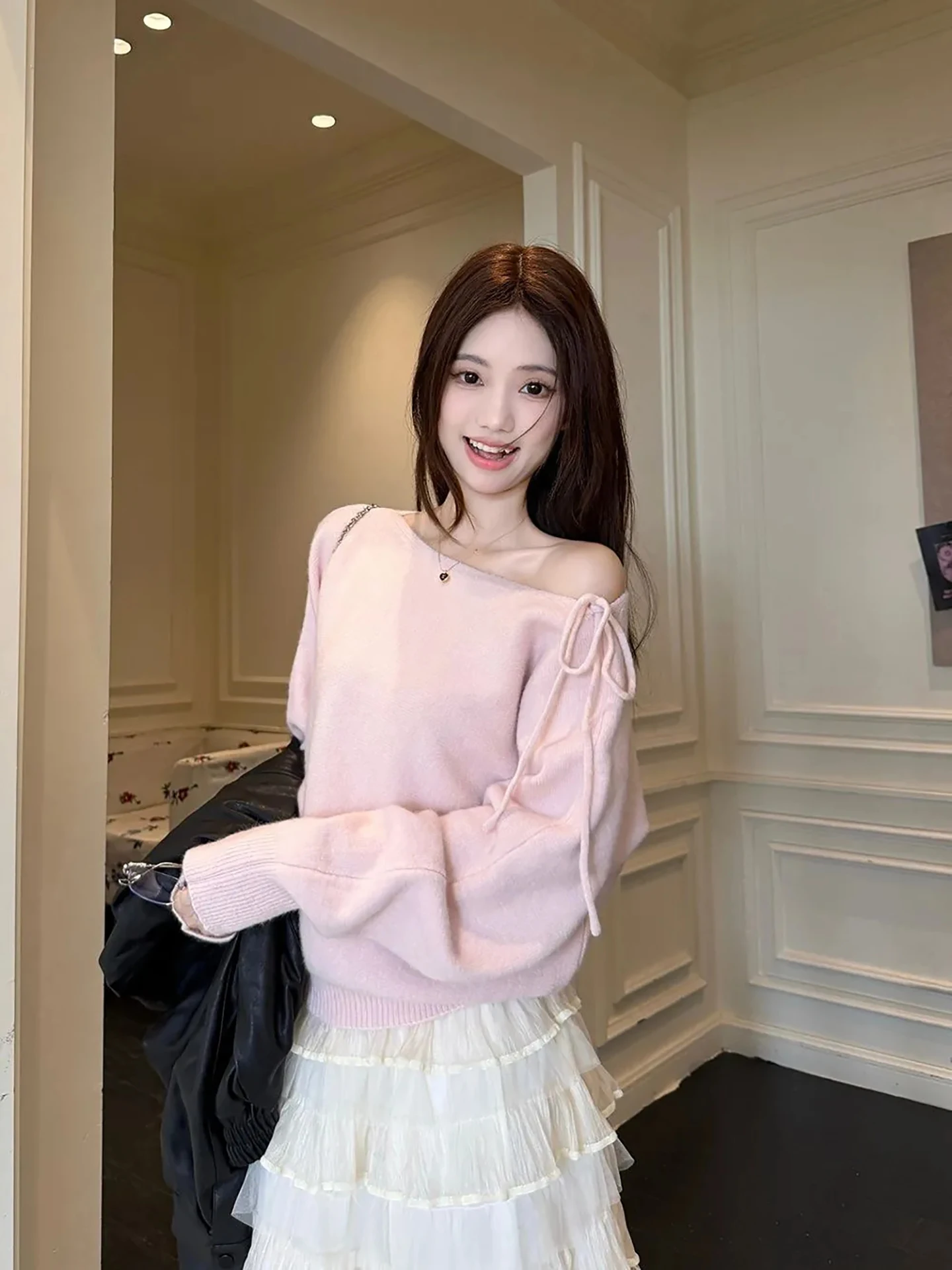 

Розовый вязаный свитер неправильной формы, женский осенне-зимний новый мягкий уютный волнистый модный корейский топ с колючками