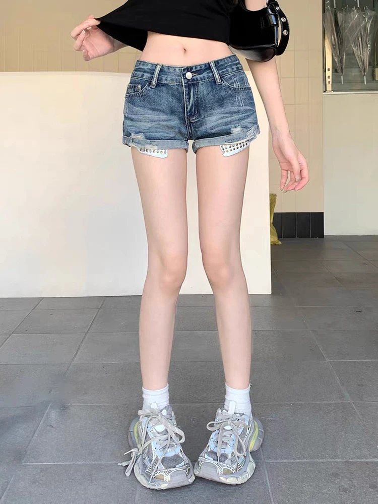 RORORIRI Vintage Rivetti Vita bassa Pantaloncini di jeans Donna Blu Lavaggio Distressed Strappato Sottile Orlo arrotolato Bootypants Grayu Y2k Streetwear