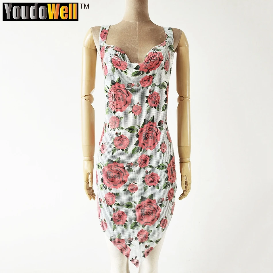 Women's Rose Flower Pattern Dress, Deep V Neck, Chic Evening Dress, Sexy Triangle Pointed Toe, Mid Length, Elegant Dress