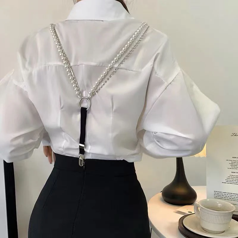 Women Elastic Suspenders Y-Back Braces Slim Skinny Pearl Rhinestone Decoration Strap Chain For Wedding Suit Party Accessories