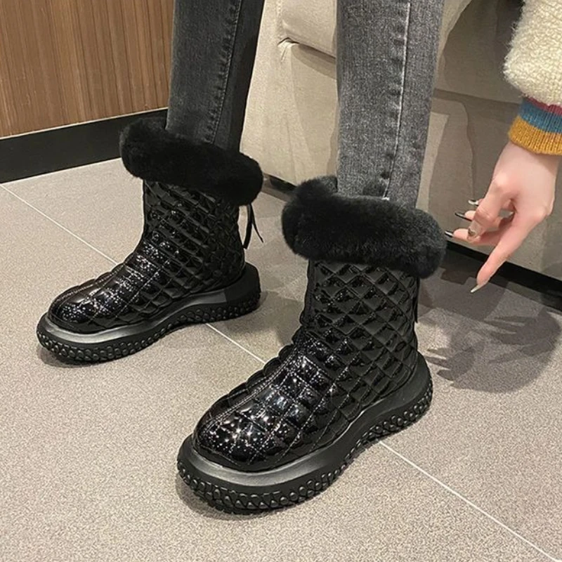 Winter Leather Waterproof Woman Shoes Chunky Round Toe Plush Snow Boots for Women Trend 2025 Boot on Promotion Goth Hot Booties