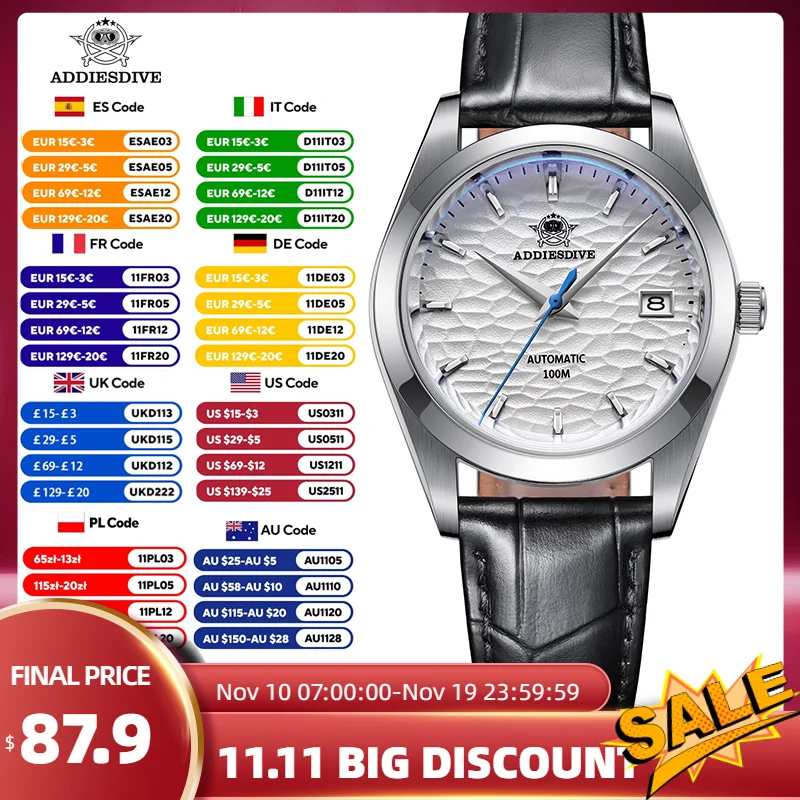 

ADDIESDIVE Men's Leather Automatic Watches Business Luxury Steel Diving Analog Wristwatch Waterproof Sapphire Mechanical Watches