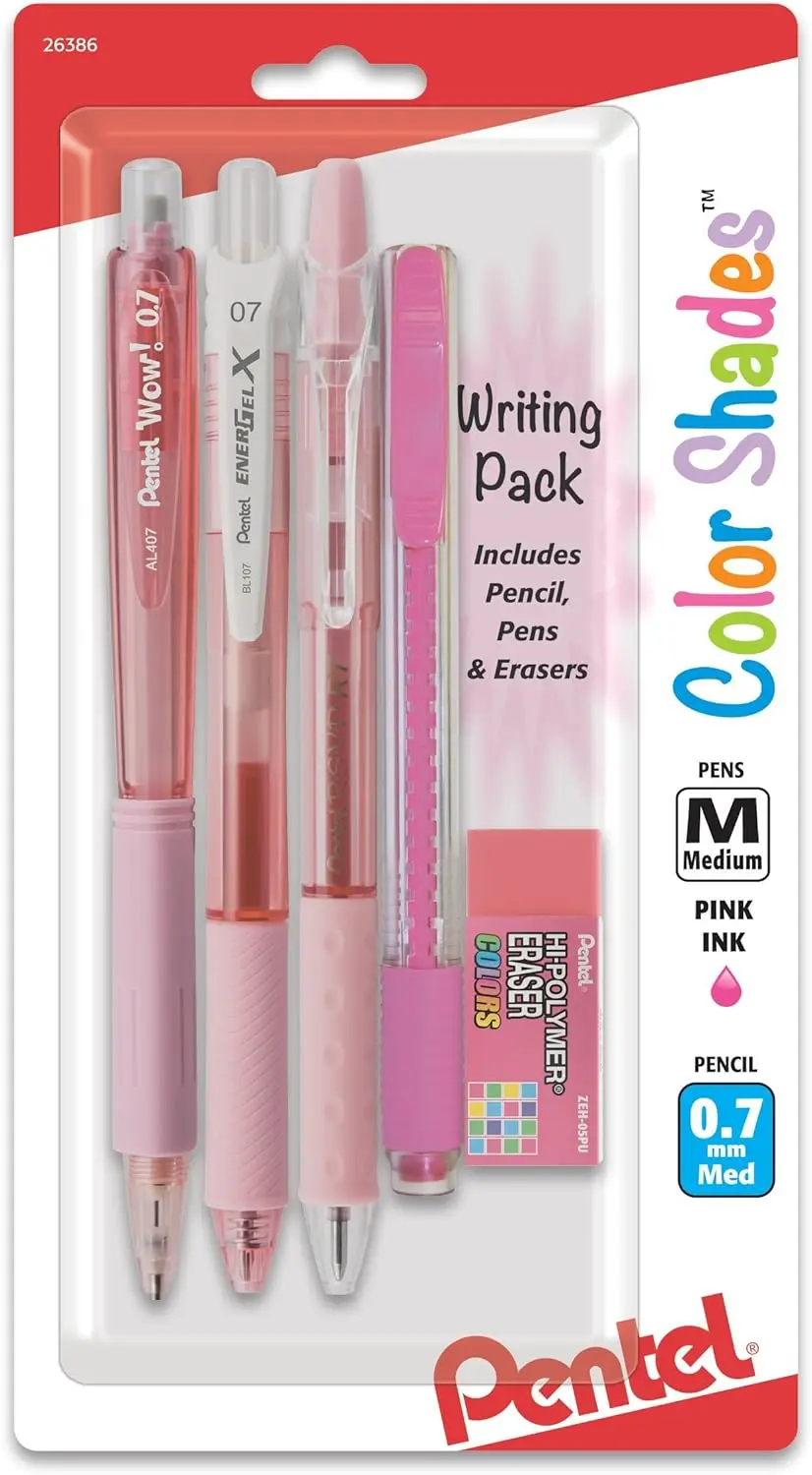 

Pastel Pink Writing Set: Smooth Gel Pen, Ballpoint, Mechanical Pencil & Erasers for Clean Work