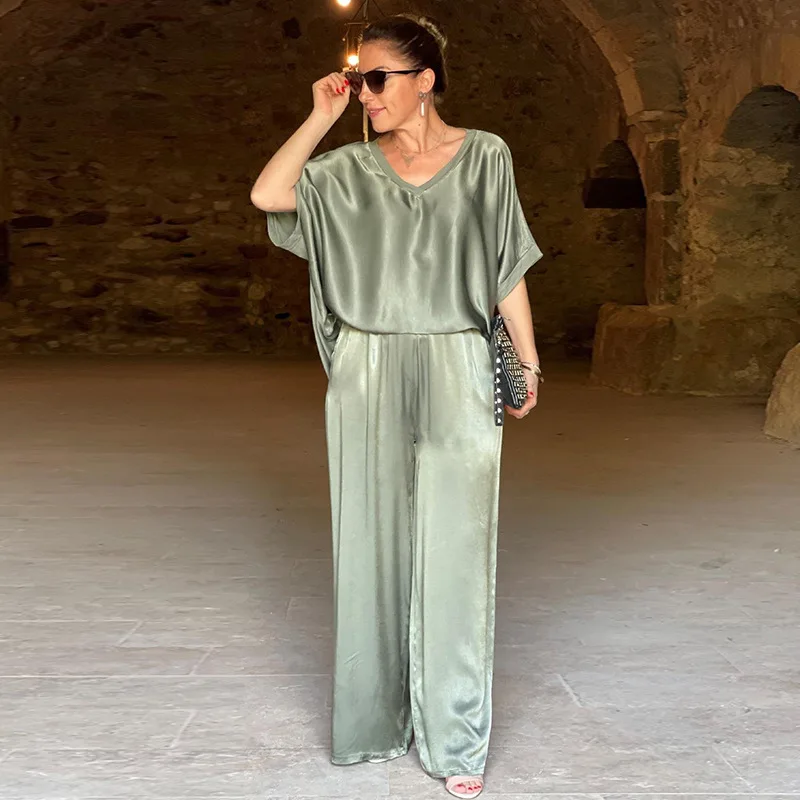 

2024 Summer New Loose Short Sleeved Solid V-neck Casual Top Wide Leg Long Pants Fashion Set