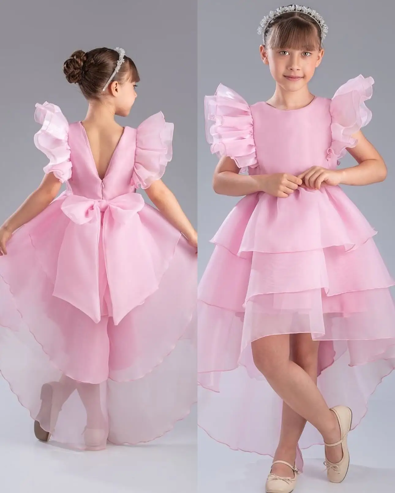 

Chic Soft Organza Princess Flower Girls' Dresses Lovely Flying Sleeves Bow Ruffles Tutu Dress Gorgeous Birthday Party Ball Gowns