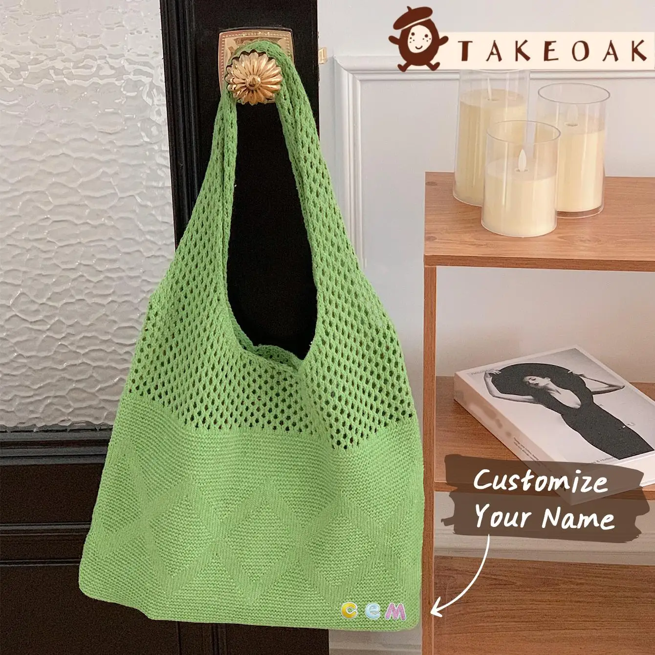 Custom Colorful Alphabet Patch Knit Mesh Tote Bag Personalized Name Hollow Crochet Shoulder Bag Summer Beach Market Shopping bag
