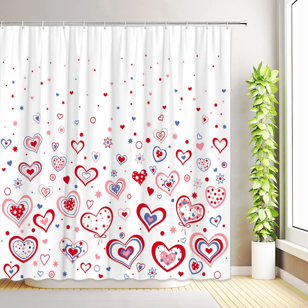 

Valentine's Day Shower Curtain Romantic Falling Red Pink Love Hearts Minimalist Bathroom Decor Fabric Bath Curtain with Hooks