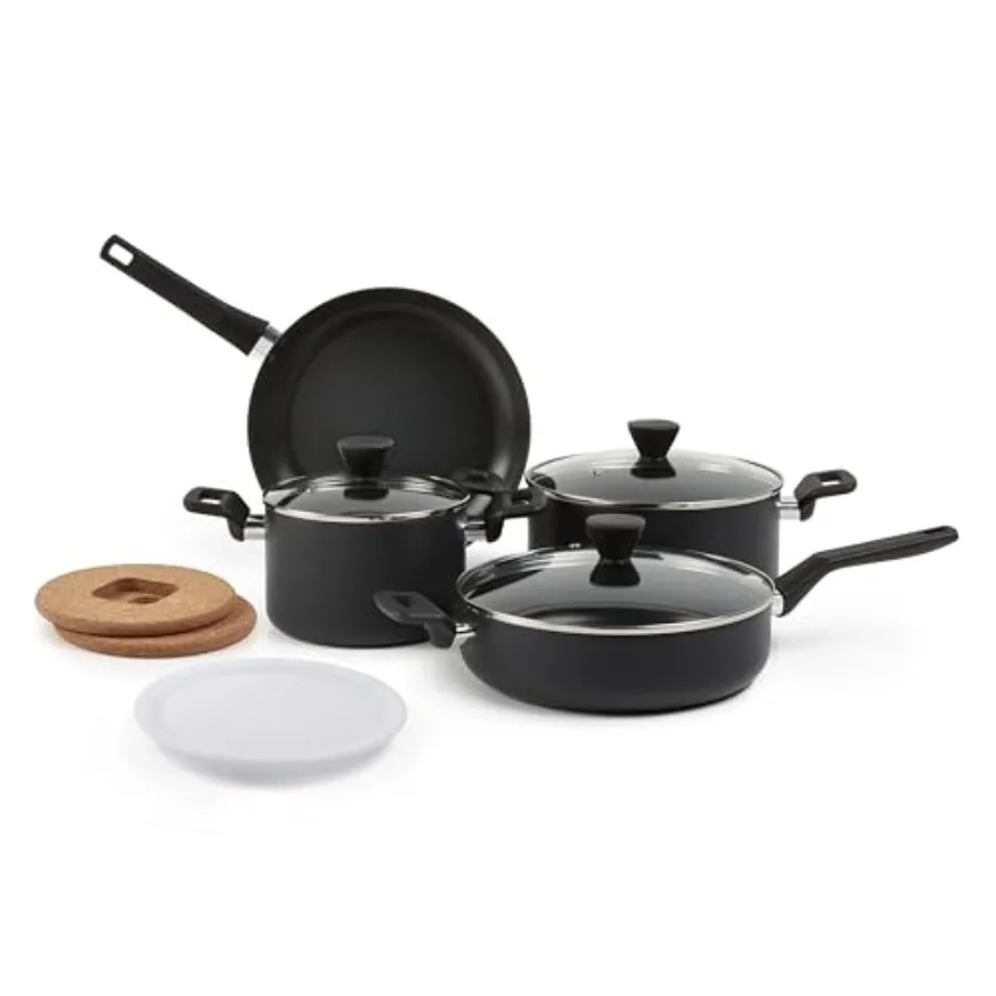 

10-Piece Hard Anodized Non-stick Stackable Cookware Set for Kitchen Space Saving Black