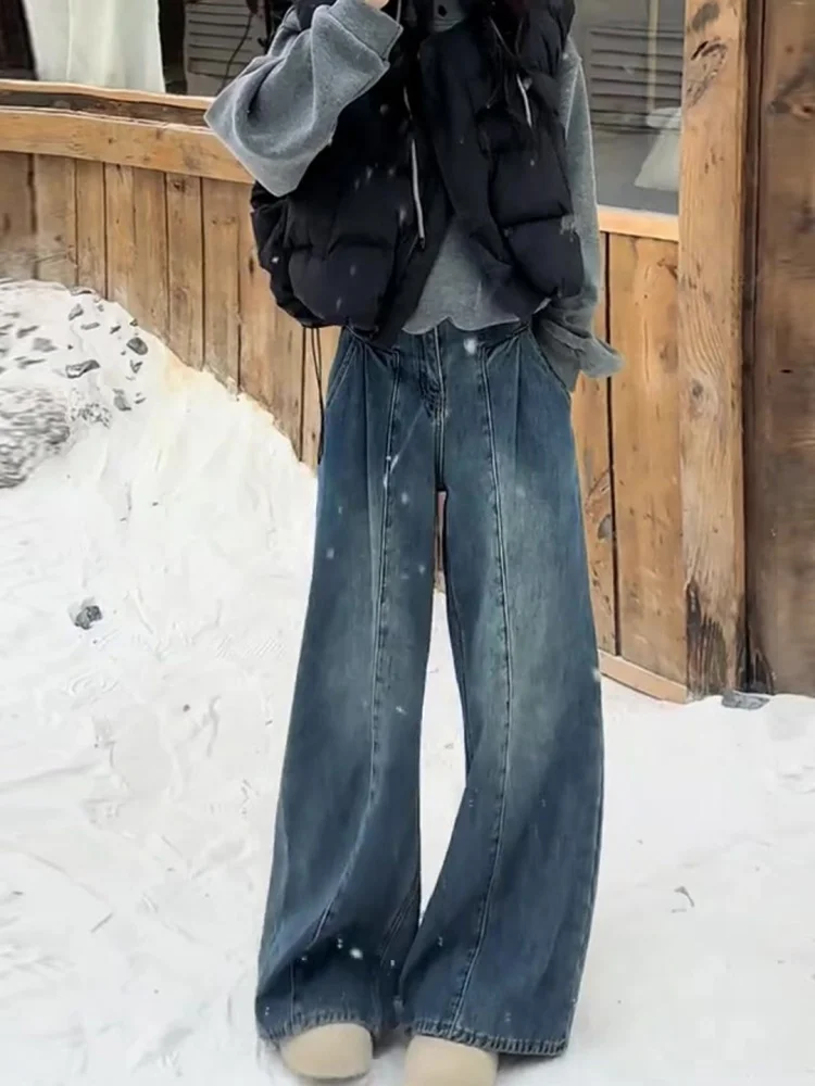 

Thickened Fleece Wide Leg Pants Drapey Design plus Size Women Casual High Waist Jeans Winter Season Breathable Comfortable