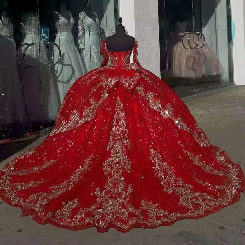 Customized Shiny Red Burgundy Quinceanera Dresses Flower Appliques Princess Birthday Party Gown Vestidos de 15 años