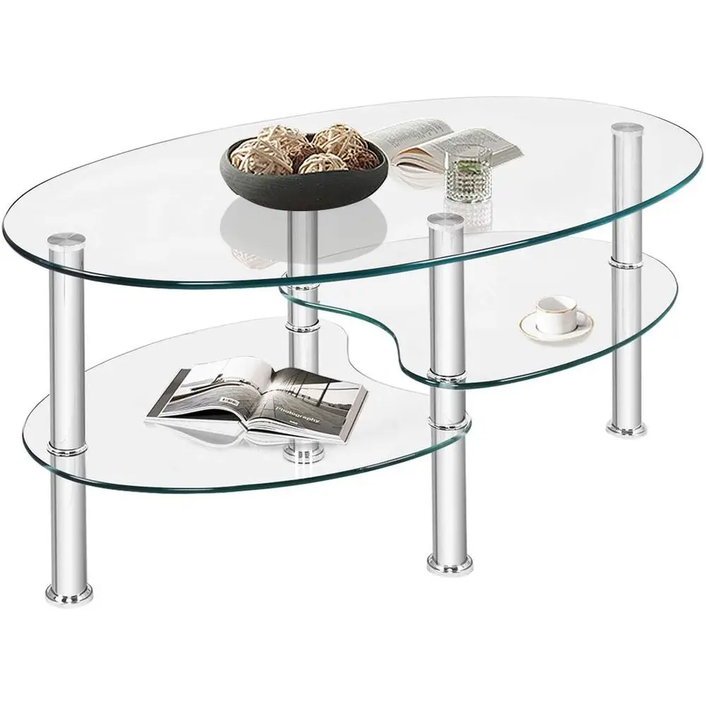 

Oval Tempered Glass 3-Tier Side Table with Chrome Base for Living Room and Office, Clear
