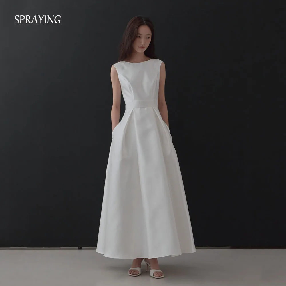 SPRAYING Simple vestido de novia de satén marfil sesión de fotos de Corea cuello redondo una línea hasta el tobillo vestidos de novia con cremallera personalizada Dende