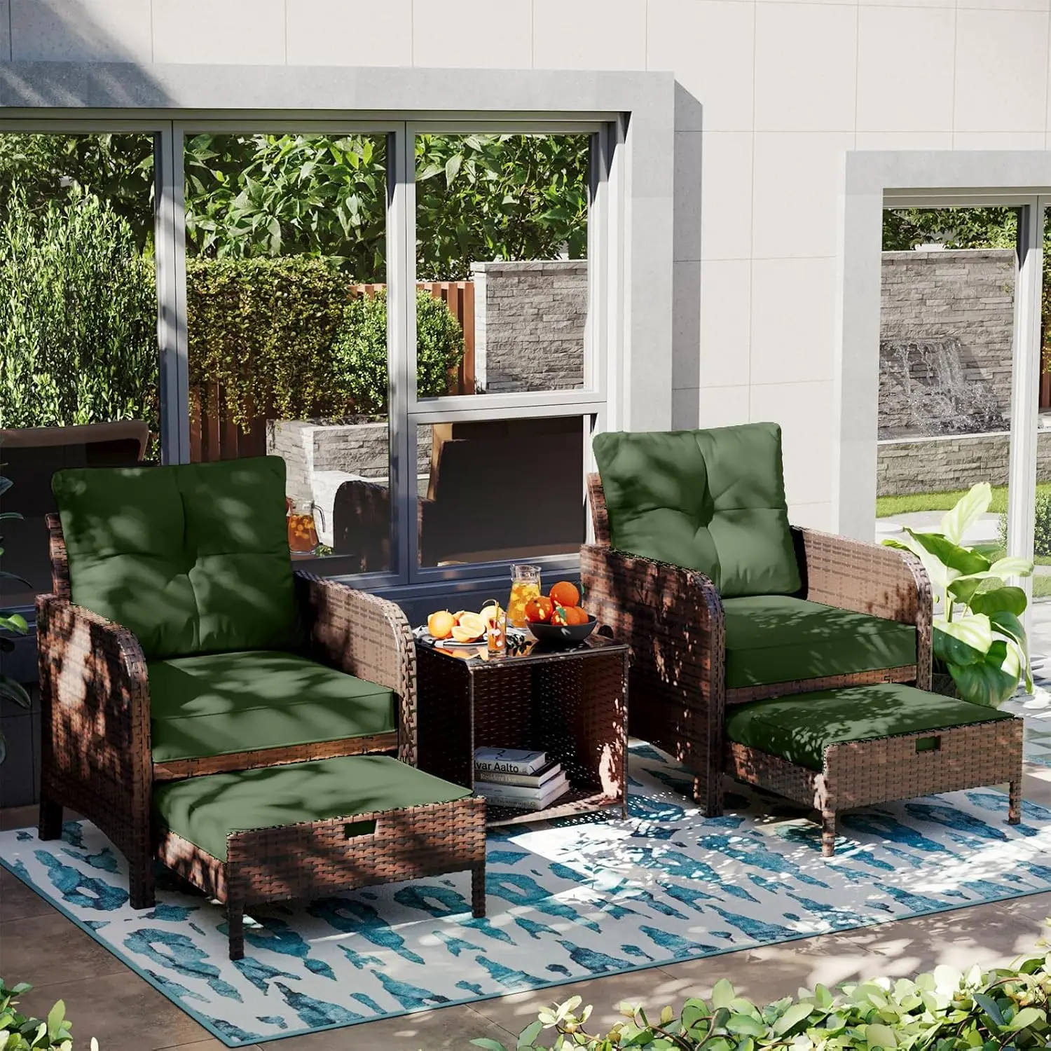 5-Piece Wicker Patio Set, Outdoor Chairs & Ottomans with Storage Table, Space-Saving for Lawn Balcony Garden, Customized