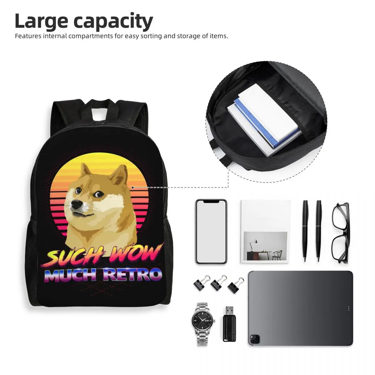 Sacos personalizados Shiba Inu para a escola universitária, moda Bookbag, Cheems retro, mochilas doge para mulheres e homens