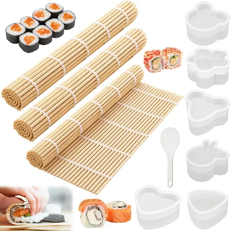 

【Complete Sushi Kit 3-Piece】Bamboo Sushi Rolling Mat Set with Rice Spatula, 6 Exquisite Molds, DIY Tools for Homemade