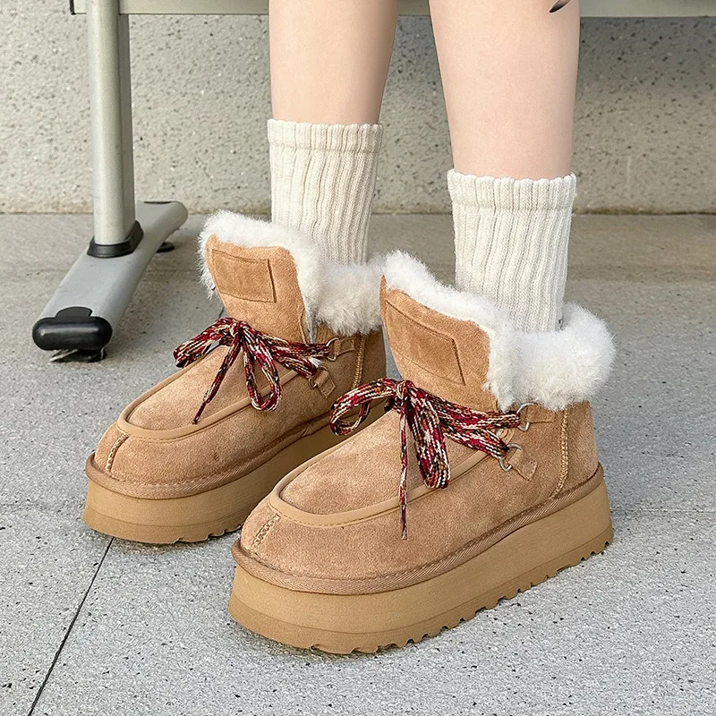 Genuine Suede Leather Winter Warm Fur Women Snow Boots, Real Wool Fur Short Ankle Boots Winter Shoes for Women