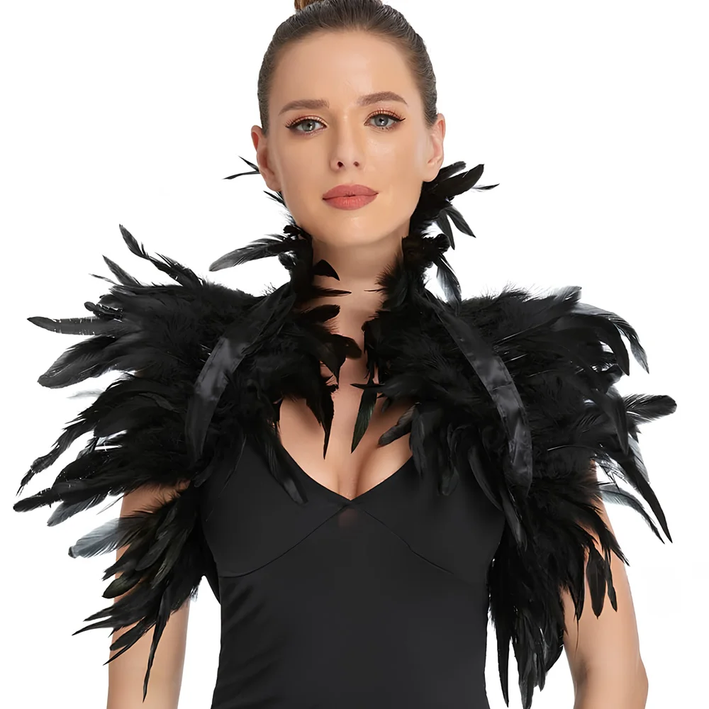 

Gothic Natural Feather Shawl Harness Cloak Cosplay Wrap Shoulder Neck Halloween Carnival Dress Up Party Costume Props