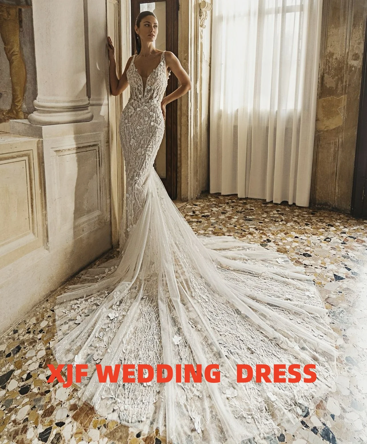 فستان زفاف مخصص برقبة على شكل حرف V بدون أكمام حورية البحر أماندا نوفيا فيستدوس دي نوفيا أماندا