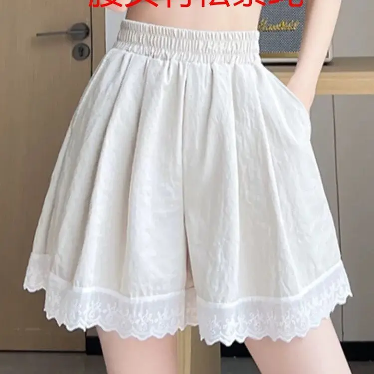 

Шифоновые шорты с кружевной отделкой, женские повседневные тонкие брюки с высокой талией и цветочным бутоном