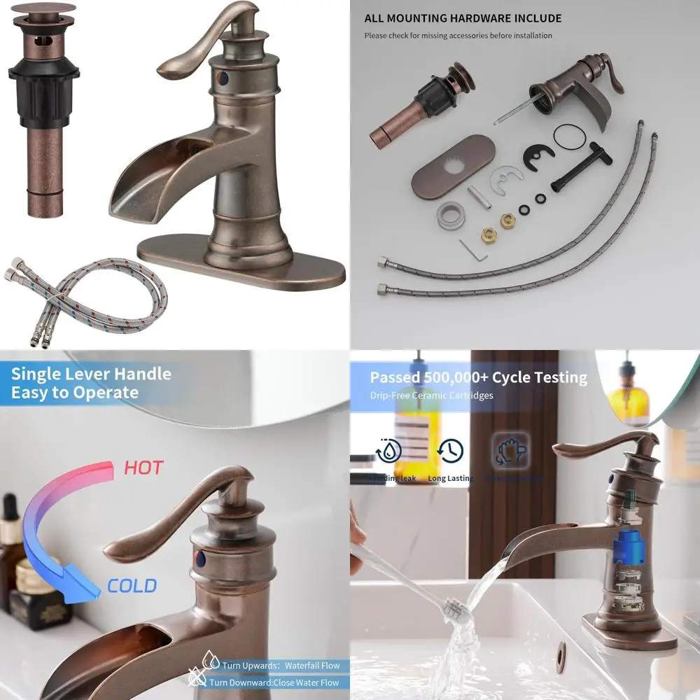 

Antique Brass Single Handle Bathroom Faucet with Pop-Up Drain and Waterfall Mixer, Copper Sink Vanity Basin Faucet Assembly