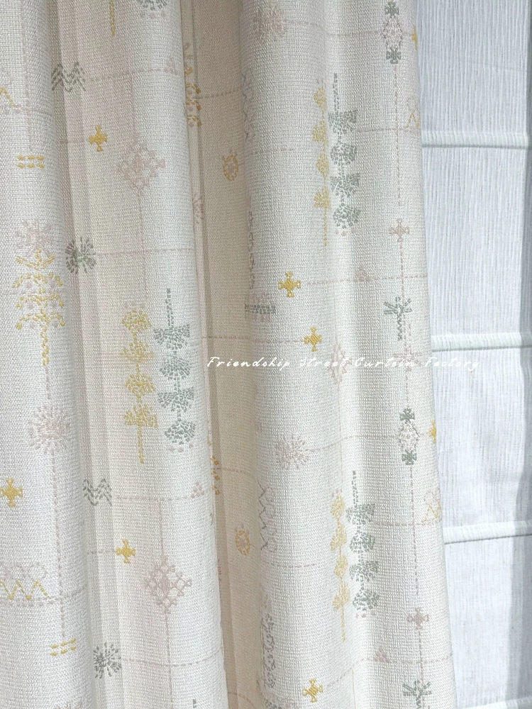 French Beige Yellow Mosaic Tassel Lace Curtains for Living Room Bedroom Window Customized Children's Room Finished Product