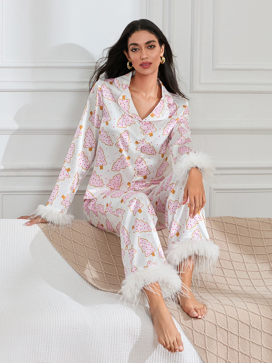 Women Cute Christmas Pajamas Santa Tree Boots Print Satin Lounge Set Feathers Trim Long Sleeve Tops and Pants Pjs Suit 2024 Fall