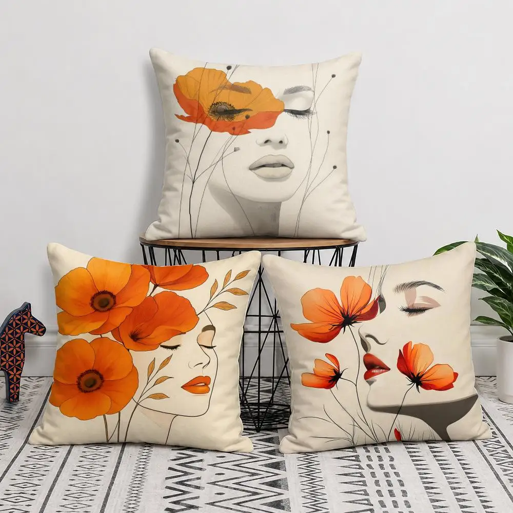 Lady And Flower Cushion Cover Short Plush Soft Double-Sided Printing Pillow Case Cozy Sofa Bedroom Home Decor Gift
