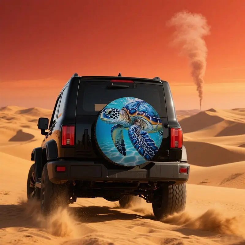 Sea Turtle Pattern Polyester Fiber Car Tire Cover, Detailed Blue Orange Yellow Shell Design, Sunlight Underwater Scenic, Fit Fo - view 4