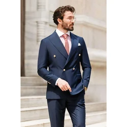 Men's Suit Navy Blue Gentlemen Outfits Double Breasted Peak Lapel Chic Male Clothign 2 Piece Jacket Pants Slim Fit Casual Blazer