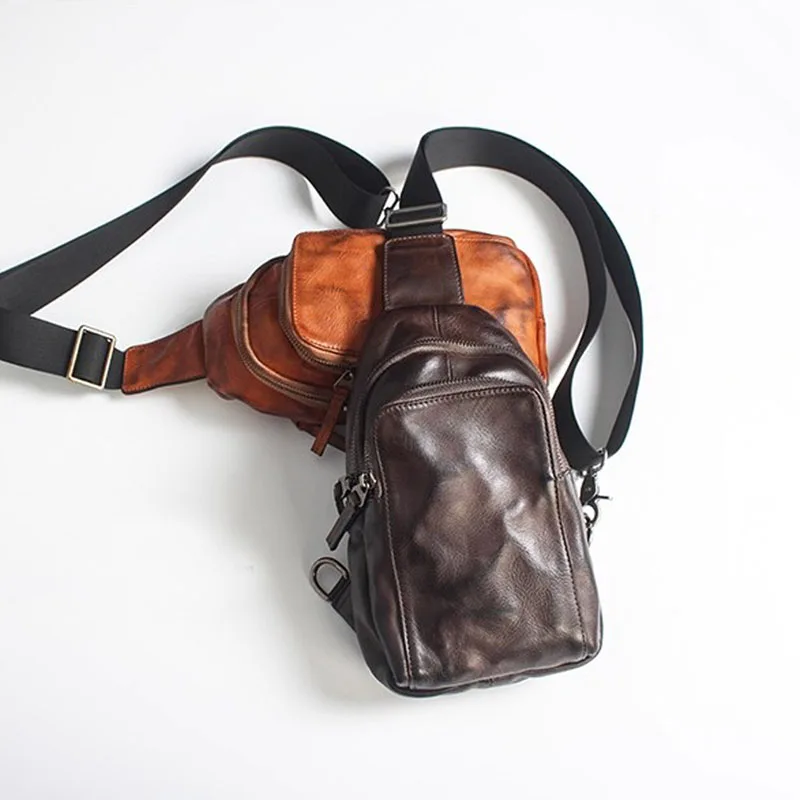 AETOO Top-grain cowhide hand-painted retro and fashionable chest bag, genuine leather men's and women's mobile phone bag, single