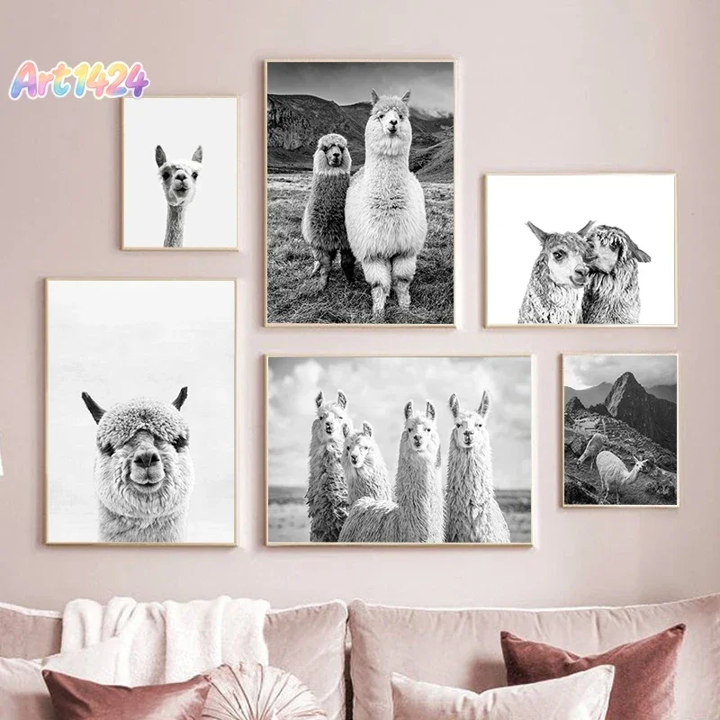 Alpaca Poster Canvas Art Painting Animal Prints Wall Art Nursery Decorative Picture Llama Black and White Wall Kids Room Deco