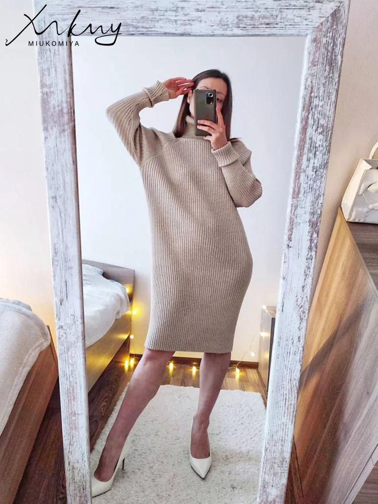 MiuKoMiYa Short Turtleneck Dresses Women Simple Sweaters Autumn Winter Casual Khaki Women\'s Knitted Dress For Women Spring