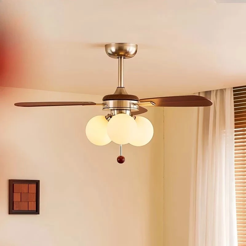 French Mid Century Vintage Creative Magic Bean Walnut Metal LED Ceiling Fan Light Dining Living Room Decor Novelty New Energy