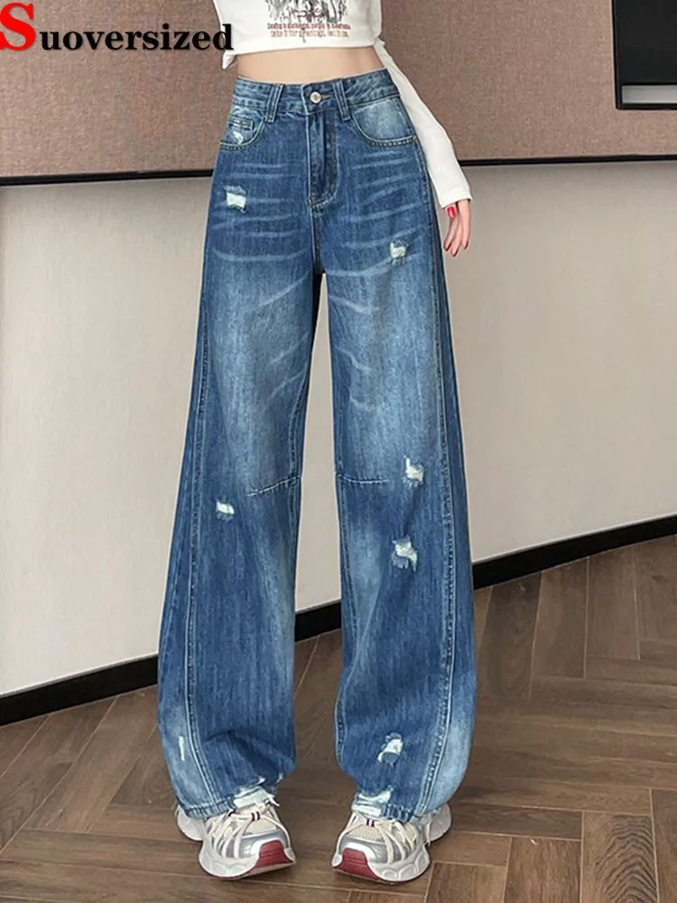 

Мешковатые прямые джинсы с дырками, корейская мода, винтажные широкие джинсовые брюки с высокой талией, женская повседневная уличная одежда, свободные Vaqueros
