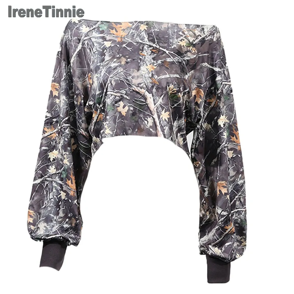 

IRENETINNIE модная уличная рубашка с открытыми плечами и длинными рукавами, топ, новинка 2025 года, свободная универсальная короткая футболка с камуфляжным принтом для женщин