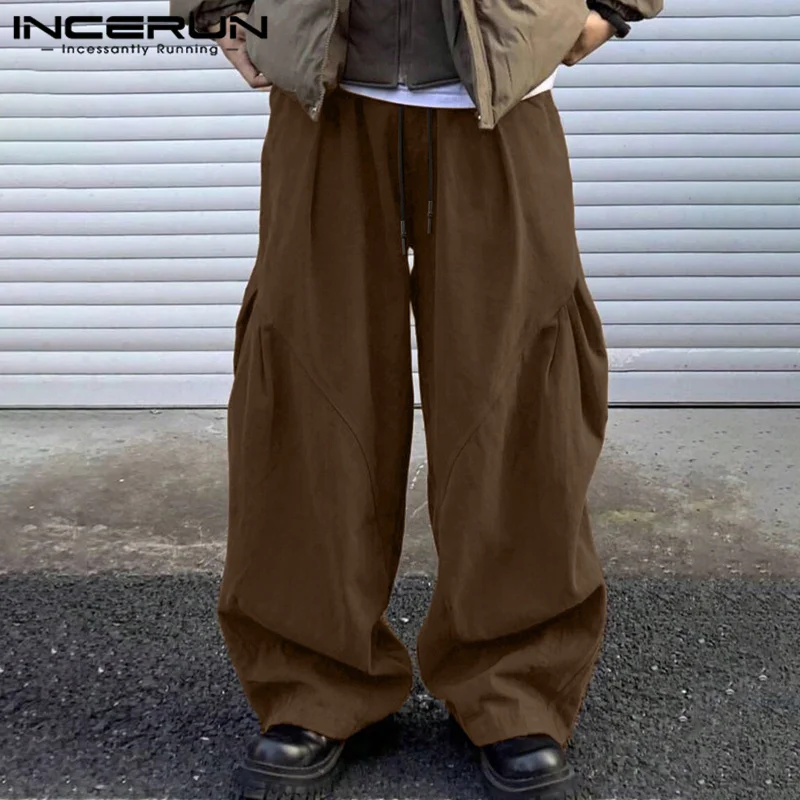 INCERUN Men Pants Solid Color Joggers Drawstring Loose Pleated Wide Leg Trousers Men Streetwear 2024 Fashion Casual Long Pants