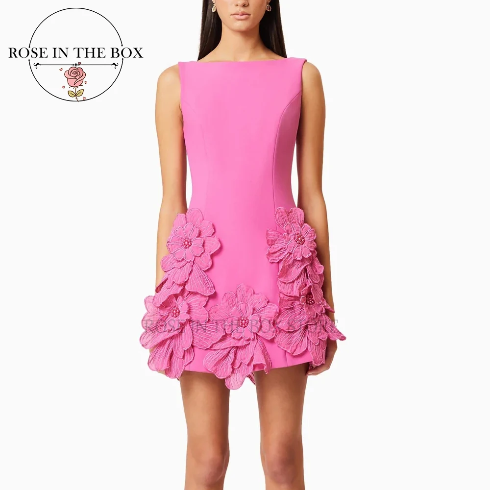 

ROSEINTHEBOX ярко-розовые мини-платья с 3D цветами, 2021, короткое элегантное вечернее платье с аппликацией, вечерние платья без рукавов для выпускного вечера по индивидуальному заказу