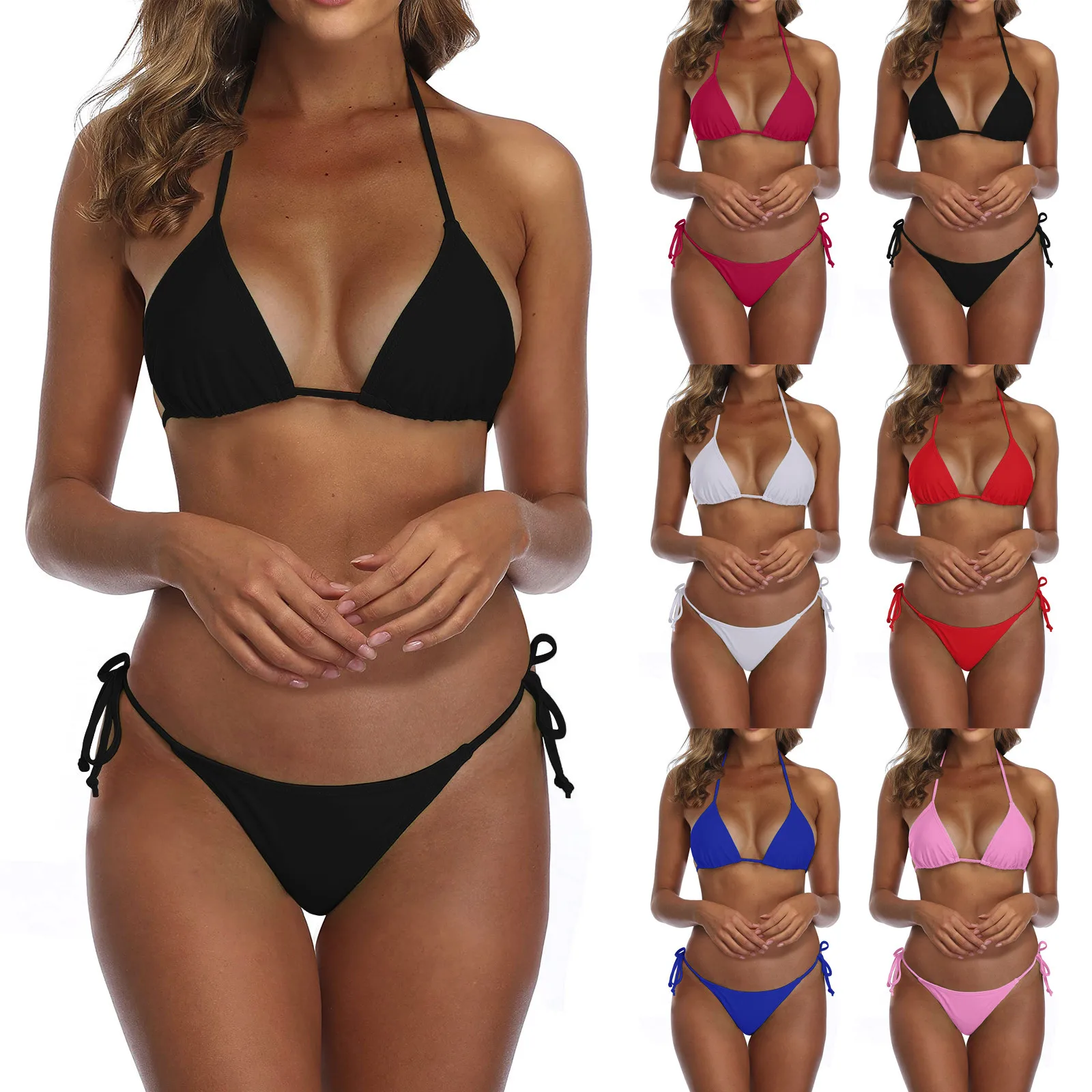 

Triangle Tie Halter Low Waist Bikini Sets Swimsuit For Women Sexy High Leg Two Pieces Beachwear Bathing Suit Swimwear