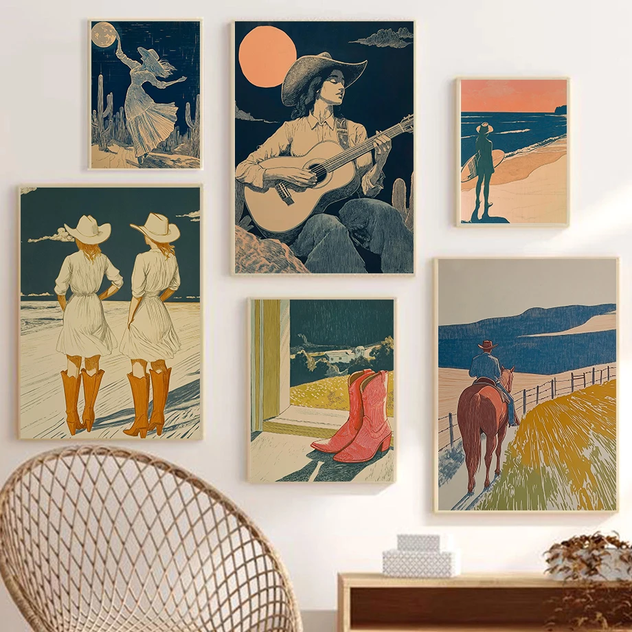 Vintage Coastal Western Cowgirls on the Beach Poster Southwest Ranch House Sci Fi Prints Canvas Painting Wall Picture Home Decor