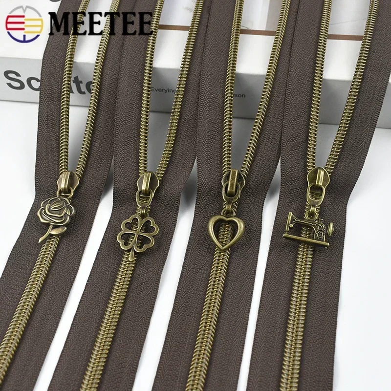 5# 1-5M Nylon Zippers Tape with Bronze Zipper Slider Head Plastic Coil Zips Bag Decor Zip Puller Closure Repair Sewing Accessory