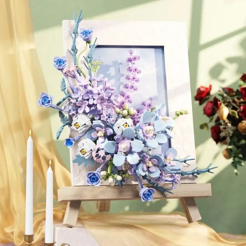 Bouquet Photo Frame Building Blocks Wooden Easel Flower Model Bricks Creative Desktop Decorations Adult Romantic Gifts Kids Toys